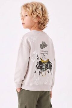 Erkek Çocuk Şapka Baskılı Sırtı At Figürlü Sweatshirt Kargo Cepli Yeşil Eşofman Takımı