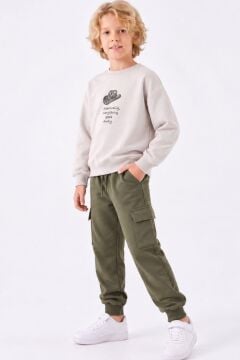 Erkek Çocuk Şapka Baskılı Sırtı At Figürlü Sweatshirt Kargo Cepli Yeşil Eşofman Takımı