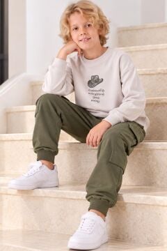 Erkek Çocuk Şapka Baskılı Sırtı At Figürlü Sweatshirt Kargo Cepli Yeşil Eşofman Takımı