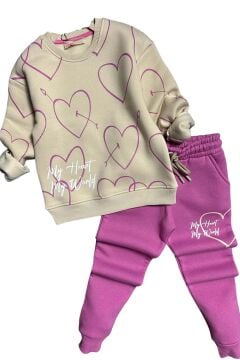 Kız Çocuk My Heart Kalp Baskılı Kazak Fuşya Alt Eşofman Takım