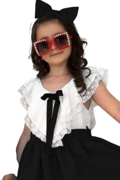 Kız Çocuk V Yaka Omuzları ve Etek Ucu Dantel İşlemeli Siyah Elbise