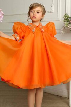 Kız Çocuk Yakasında Omuzları Taş Çiçek İşlemeli Tüylü Gömlek Yaka Astarlı Turuncu Elbise
