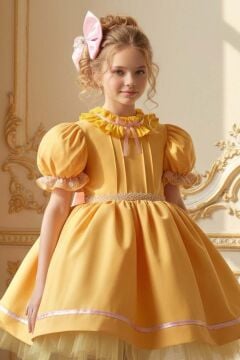 Kız Çocuk Palyaço Yaka ve Fırfırlı Beli İnci Şerit Detaylı Balon Kollu Kabarık Sarı Abiye