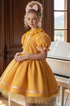 Kız Çocuk Palyaço Yaka ve Fırfırlı Beli İnci Şerit Detaylı Balon Kollu Kabarık Sarı Abiye