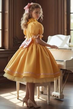 Kız Çocuk Palyaço Yaka ve Fırfırlı Beli İnci Şerit Detaylı Balon Kollu Kabarık Sarı Abiye