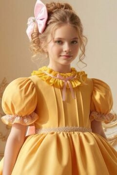 Kız Çocuk Palyaço Yaka ve Fırfırlı Beli İnci Şerit Detaylı Balon Kollu Kabarık Sarı Abiye