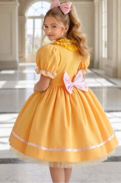Kız Çocuk Palyaço Yaka ve Fırfırlı Beli İnci Şerit Detaylı Balon Kollu Kabarık Sarı Abiye