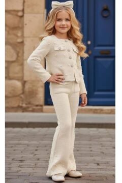 Kız Çocuk Üzeri İnci İşlemeli Cep Detaylı Ceket, Paçaları İnci Detaylı Triko Beyaz Alt Üst Takım