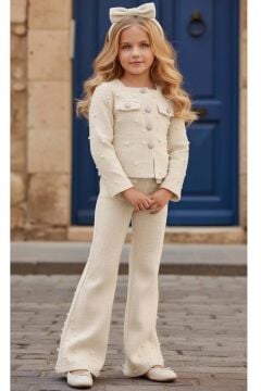 Kız Çocuk Üzeri İnci İşlemeli Cep Detaylı Ceket, Paçaları İnci Detaylı Triko Beyaz Alt Üst Takım