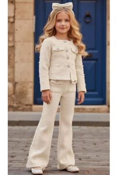 Kız Çocuk Üzeri İnci İşlemeli Cep Detaylı Ceket, Paçaları İnci Detaylı Triko Beyaz Alt Üst Takım