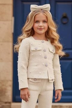 Kız Çocuk Üzeri İnci İşlemeli Cep Detaylı Ceket, Paçaları İnci Detaylı Triko Beyaz Alt Üst Takım