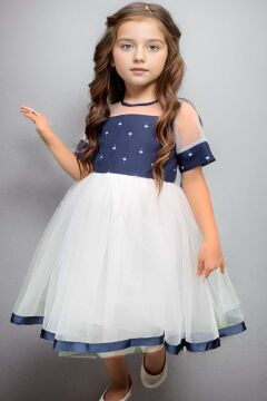 Kız Çocuk Kurdele Toka ve Şerit Detaylı Tüllü Desenli Mavi Elbise