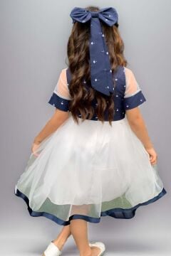 Kız Çocuk Kurdele Toka ve Şerit Detaylı Tüllü Desenli Mavi Elbise