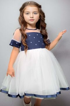 Kız Çocuk Kurdele Toka ve Şerit Detaylı Tüllü Desenli Mavi Elbise