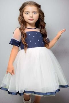 Kız Çocuk Kurdele Toka ve Şerit Detaylı Tüllü Desenli Mavi Elbise