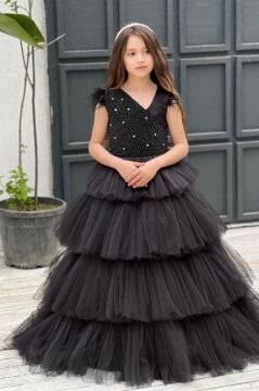 Kız Çocuk Gövdesi İnci Taş İşlemeli Kat Kat Tüllü Kolsuz Siyah Abiye