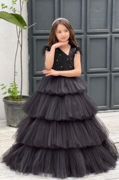 Kız Çocuk Gövdesi İnci Taş İşlemeli Kat Kat Tüllü Kolsuz Siyah Abiye