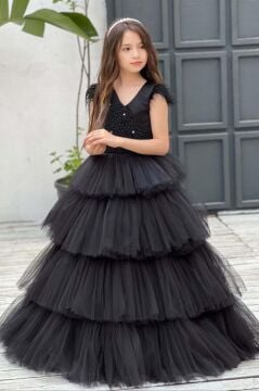 Kız Çocuk Gövdesi İnci Taş İşlemeli Kat Kat Tüllü Kolsuz Siyah Abiye