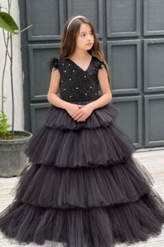Kız Çocuk Gövdesi İnci Taş İşlemeli Kat Kat Tüllü Kolsuz Siyah Abiye