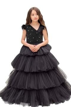 Kız Çocuk Gövdesi İnci Taş İşlemeli Kat Kat Tüllü Kolsuz Siyah Abiye