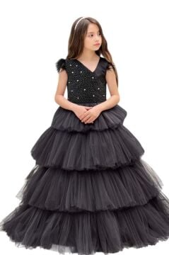 Kız Çocuk Gövdesi İnci Taş İşlemeli Kat Kat Tüllü Kolsuz Siyah Abiye