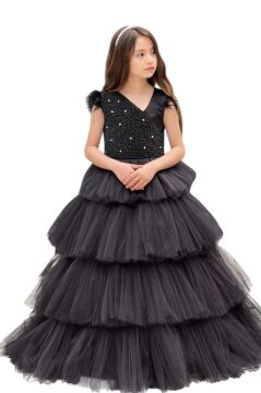 Kız Çocuk Gövdesi İnci Taş İşlemeli Kat Kat Tüllü Kolsuz Siyah Abiye