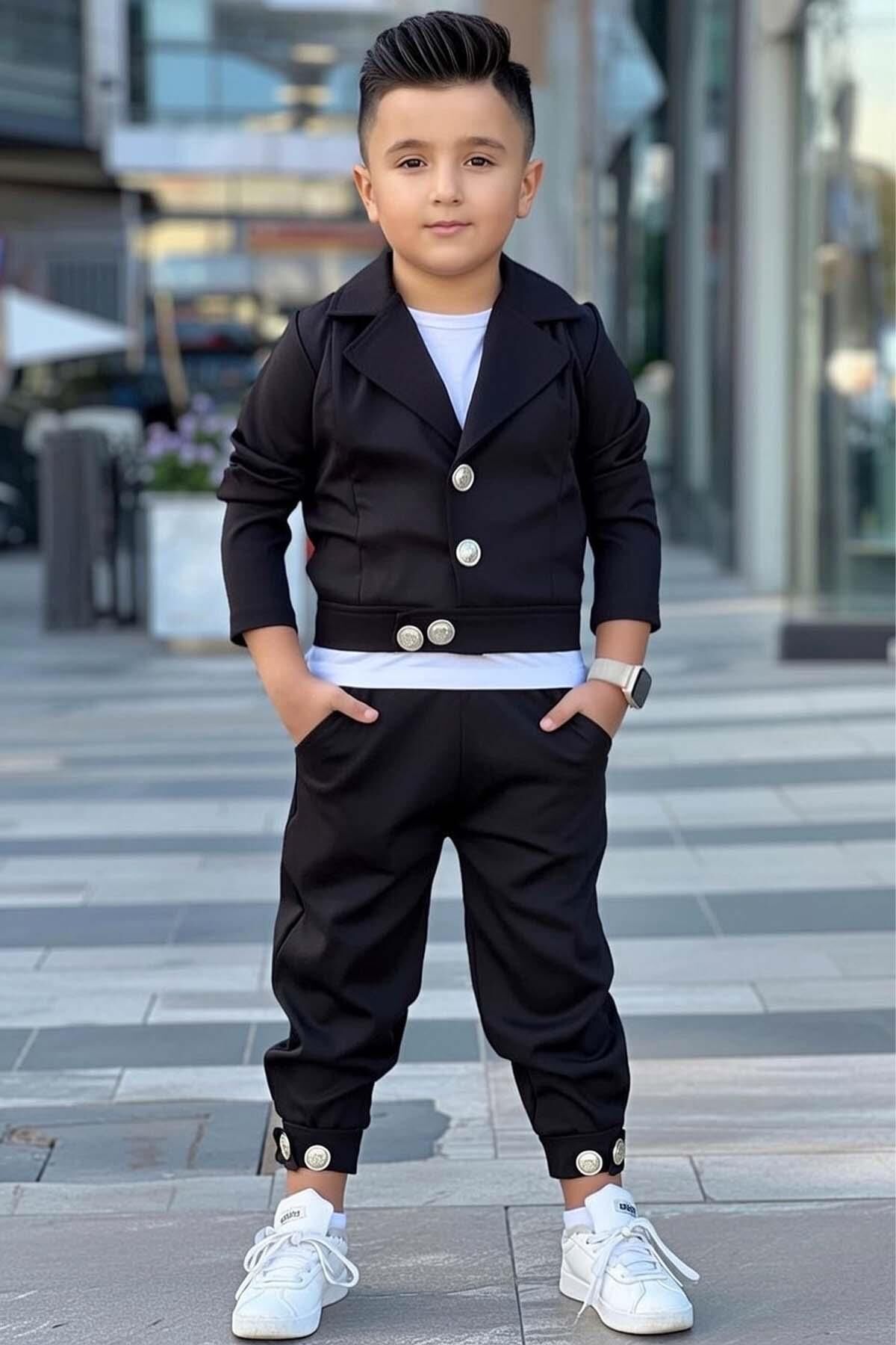 Erkek Çocuk Gold Düğme Detaylı Penye Ceket Dar Kesim Pantolon Siyah Alt Üst Takım
