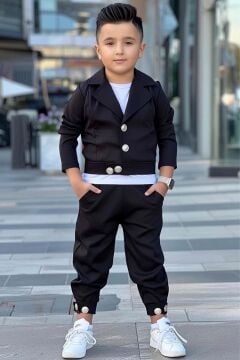 Erkek Çocuk Gold Düğme Detaylı Penye Ceket Dar Kesim Pantolon Siyah Alt Üst Takım