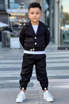 Erkek Çocuk Gold Düğme Detaylı Penye Ceket Dar Kesim Pantolon Siyah Alt Üst Takım