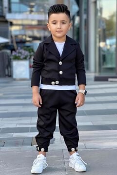Erkek Çocuk Gold Düğme Detaylı Penye Ceket Dar Kesim Pantolon Siyah Alt Üst Takım