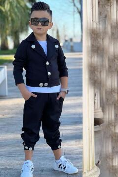 Erkek Çocuk Gold Düğme Detaylı Penye Ceket Dar Kesim Pantolon Siyah Alt Üst Takım