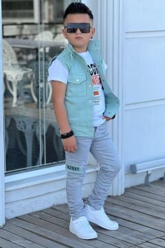 Erkek Çocuk Yazı Baskılı ve Çıtçıtlı Su Yeşili ALt Üst Takım