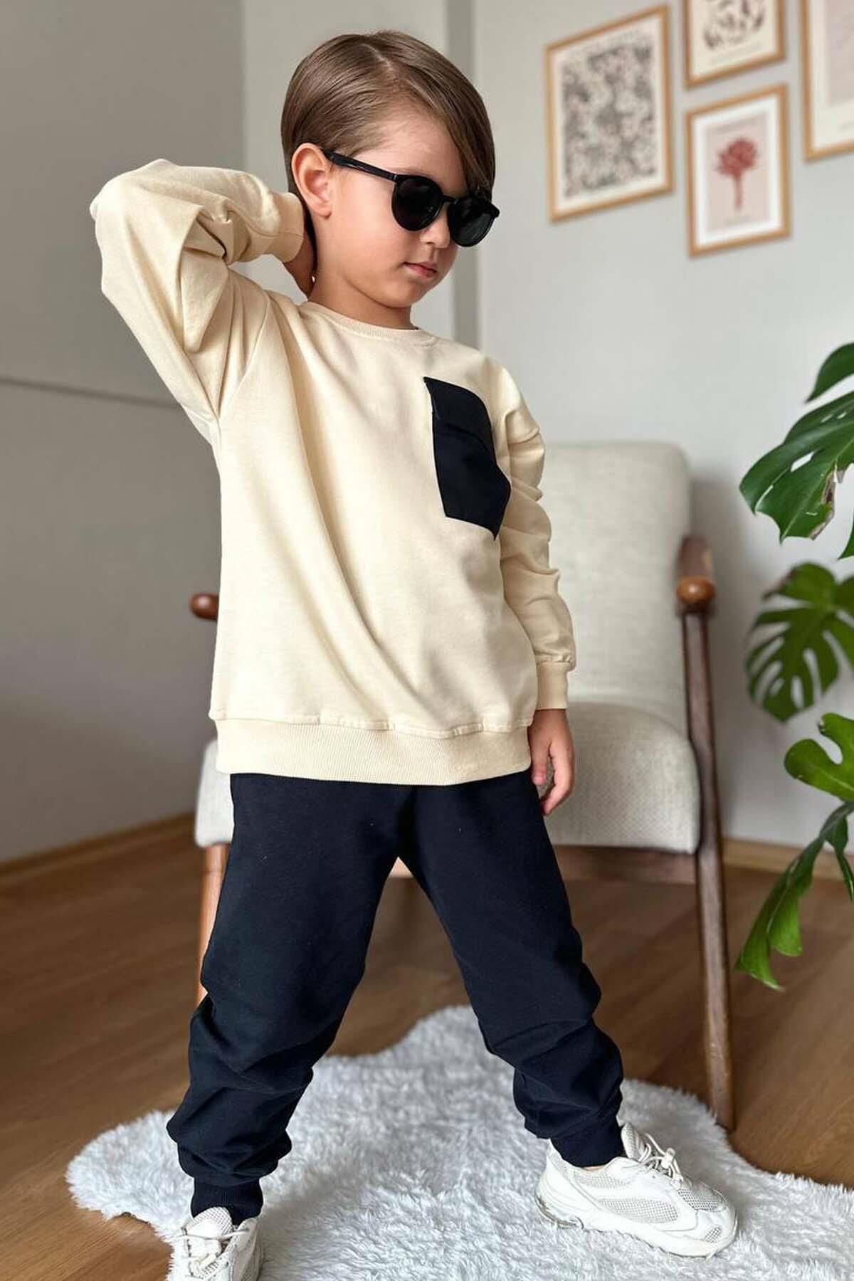 Erkek Çocuk Kapak Cepli Bisiklet Yaka Sweatshirt Krem Eşofman Takım