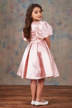 Kız Çocuk Balon Kollu Taş Şerit İşleme Kemer Detaylı Pliseli Saten Somon Abiye