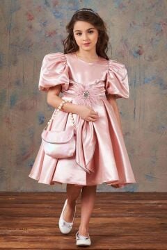 Kız Çocuk Balon Kollu Taş Şerit İşleme Kemer Detaylı Pliseli Saten Somon Abiye
