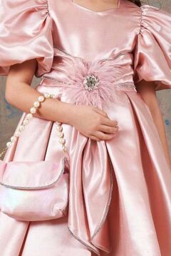 Kız Çocuk Balon Kollu Taş Şerit İşleme Kemer Detaylı Pliseli Saten Somon Abiye