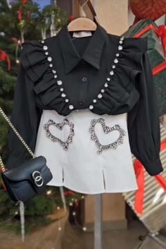 Kız Çocuk Taş İşlemeli Fırfırlı Beyaz Etekli Takım