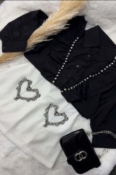 Kız Çocuk Taş İşlemeli Fırfırlı Beyaz Etekli Takım