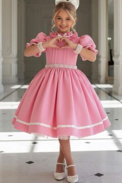 Kız Çocuk Palyaço Yaka ve Fırfırlı Beli İnci Şerit Detaylı Balon Kollu Kabarık Pembe Abiye