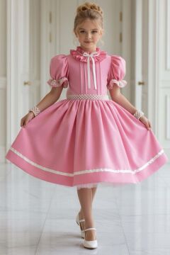 Kız Çocuk Palyaço Yaka ve Fırfırlı Beli İnci Şerit Detaylı Balon Kollu Kabarık Pembe Abiye