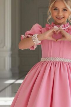 Kız Çocuk Palyaço Yaka ve Fırfırlı Beli İnci Şerit Detaylı Balon Kollu Kabarık Pembe Abiye