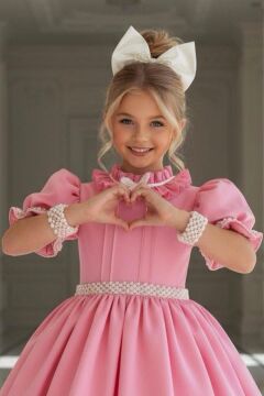 Kız Çocuk Palyaço Yaka ve Fırfırlı Beli İnci Şerit Detaylı Balon Kollu Kabarık Pembe Abiye