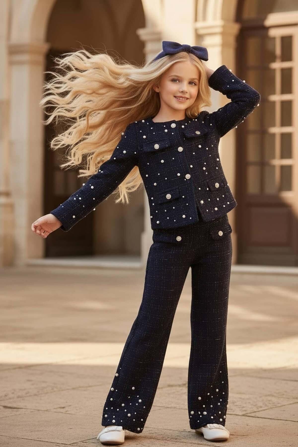 Kız Çocuk Üzeri İnci İşlemeli Cep Detaylı Ceket, Paçaları İnci Detaylı Triko Lacivert Alt Üst Takım