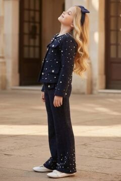 Kız Çocuk Üzeri İnci İşlemeli Cep Detaylı Ceket, Paçaları İnci Detaylı Triko Lacivert Alt Üst Takım