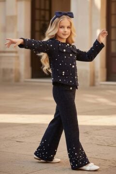 Kız Çocuk Üzeri İnci İşlemeli Cep Detaylı Ceket, Paçaları İnci Detaylı Triko Lacivert Alt Üst Takım