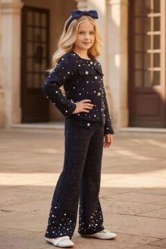 Kız Çocuk Üzeri İnci İşlemeli Cep Detaylı Ceket, Paçaları İnci Detaylı Triko Lacivert Alt Üst Takım