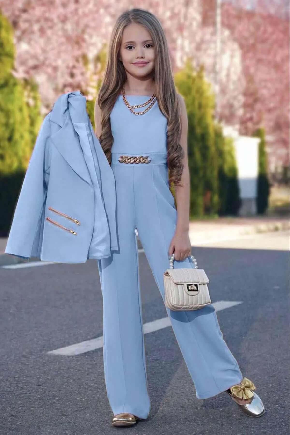 Kız Çocuk Blazer Ceket ve Zincir Detaylı Buz Mavisi Tulum