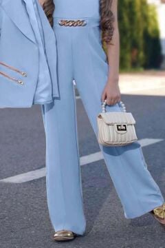 Kız Çocuk Blazer Ceket ve Zincir Detaylı Buz Mavisi Tulum