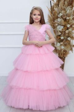 Kız Çocuk Gövdesi İnci Taş İşlemeli Kat Kat Tüllü Kolsuz Pembe Abiye