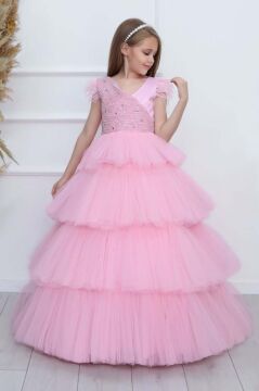 Kız Çocuk Gövdesi İnci Taş İşlemeli Kat Kat Tüllü Kolsuz Pembe Abiye